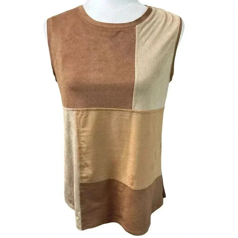 Cato Womens Brown Block Sleeveless Top Blouse Faux
Suede Like Stretch Size XS